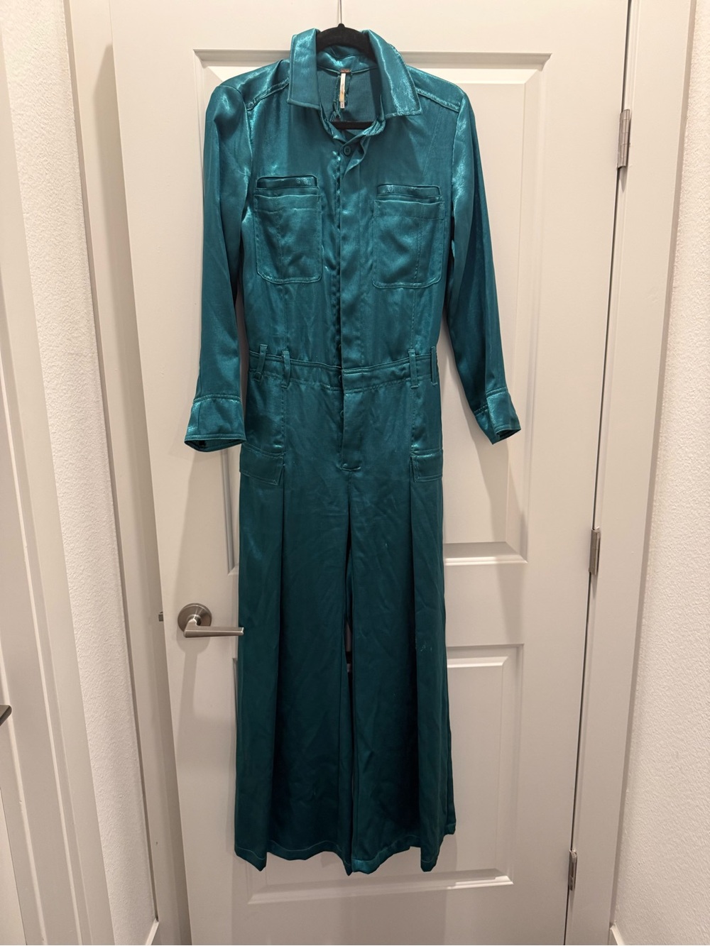 Free People Satin Open Back Wide Leg Jumpsuit | Teal | Size Small